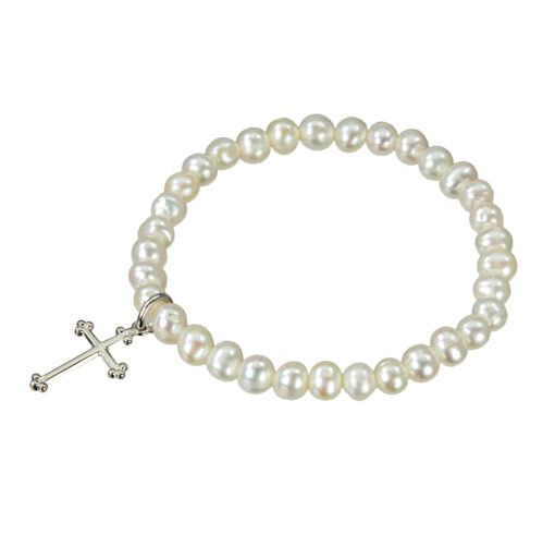 Freshwater pearl stretch bracelet with sterling silver cross charm